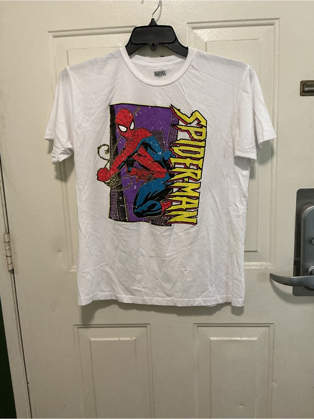 Marvel Spider-Man Comic Panel Tee - White with Red, Blue, Purple, Yellow